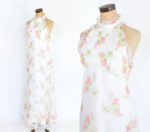 1960s White Floral Maxi Dress | 60s Pink & White … - image 2