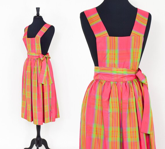 1950s Pink Plaid Apron Dress | 50s Pink & Green Pl