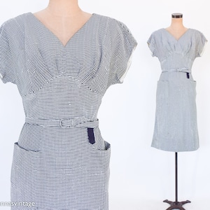1950s Gray Metallic Sheath | 50s Silver Stripe Cocktail Dress | Pin Up | Wiggle Dress | Medium