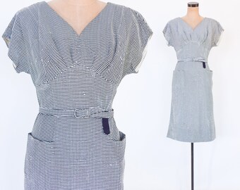 1950s Gray Metallic Party Dress | 50s Gray Stripe Cocktail Dress | Pin Up | Wiggle Dress | Medium