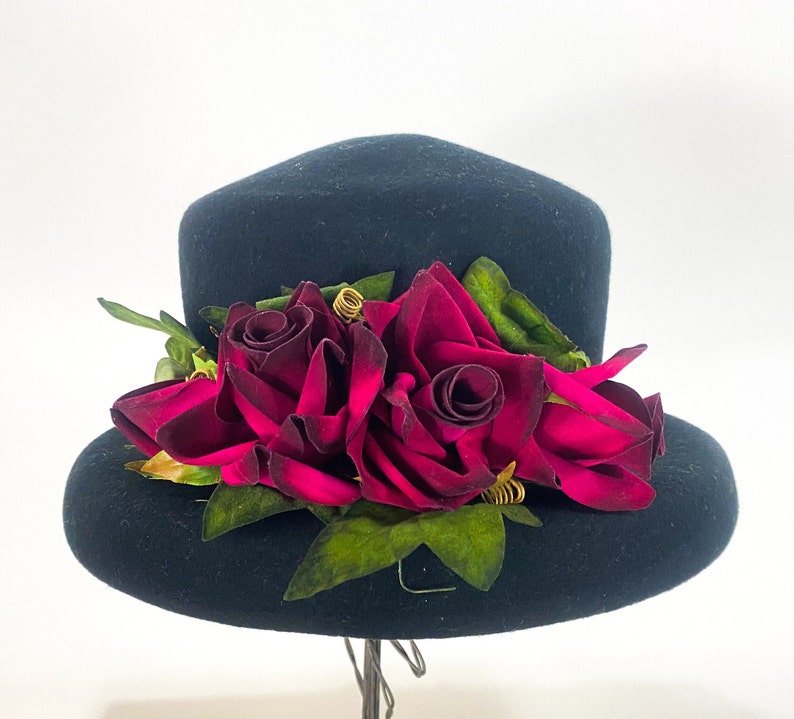 1990s Black Wool Hat 90s Black & Red Flower Hat STUDIO KOKKIN N.Y. image 2