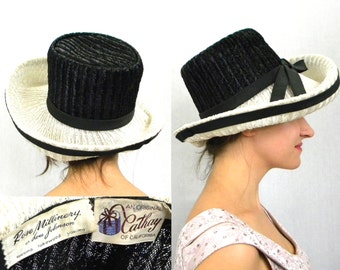1960s Black White Raffia Wide Brim Hat | 60s Black & White Asymmetrical Straw Hat | Cathay of California