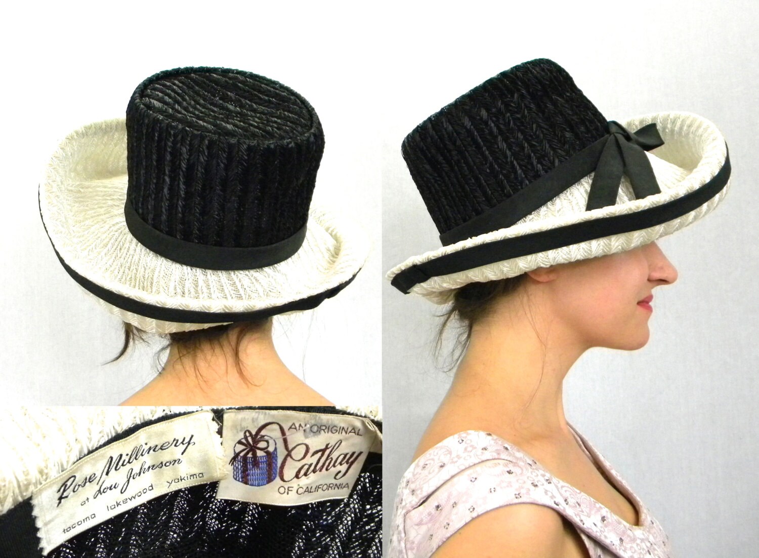Raffia Wide Brim Hat 60s Black \u0026 White 
