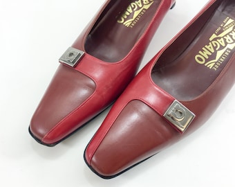Vintage Ferragamo Leather Pumps | 1980s Red Low Heel Shoes, US 8N