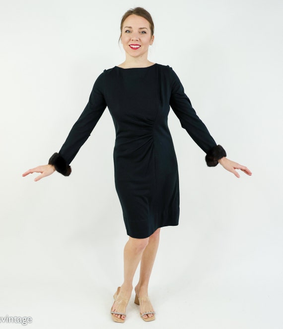 1960s Black Knit Dress With Mink Fur Cuffs | Vintage Long Sleeve Cocktail  Dress, Small - Etsy