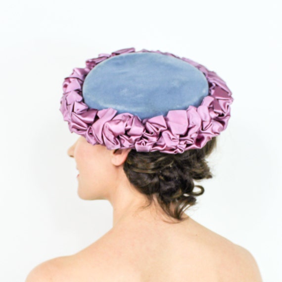 1950s Blue Velvet Tilt Hat | 50s Blue Hat & Lavend