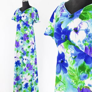 1970s Blue Flowered Maxi Dress 70s Blue White Hawaiian Maxi Dress Maluna Hawaii Small image 1