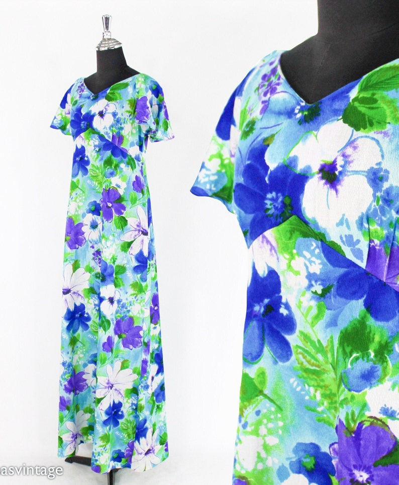 1970s Blue Flowered Maxi Dress 70s Blue White Hawaiian Maxi Dress Maluna Hawaii Small image 1