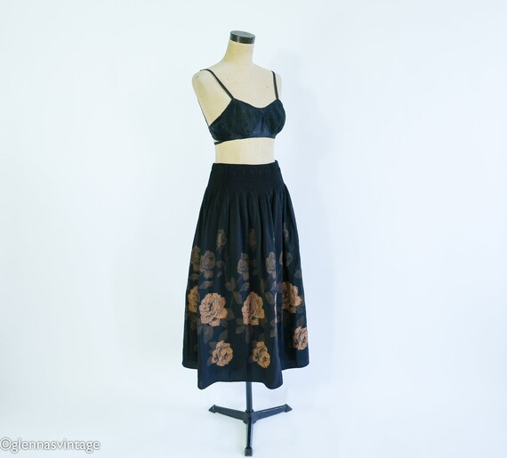 1990s Black & Bronze Floral Print Skirt | 90s Bla… - image 2