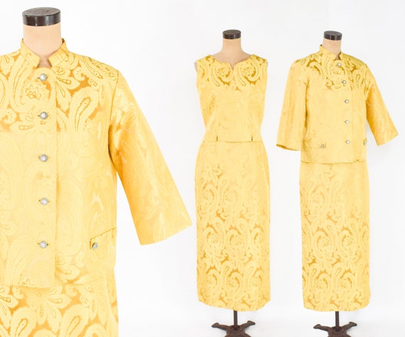 1960s Gold Brocade Evening Suit | 60s Buttercup Y… - image 2