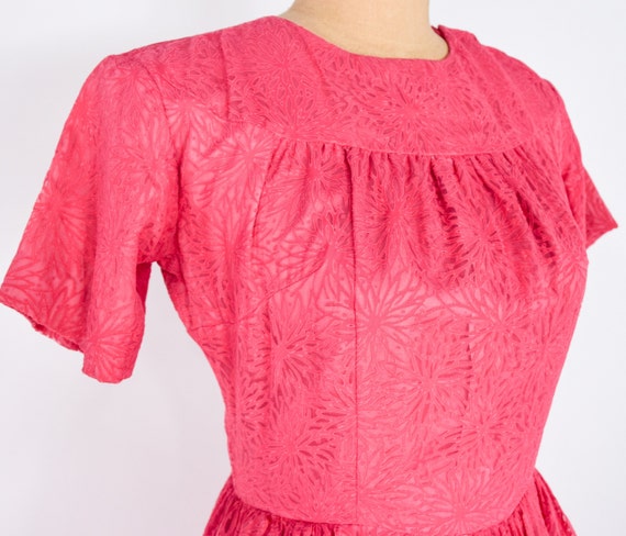 1950s Pink Floral Dress | 50s Bright Pink Chiffon… - image 9