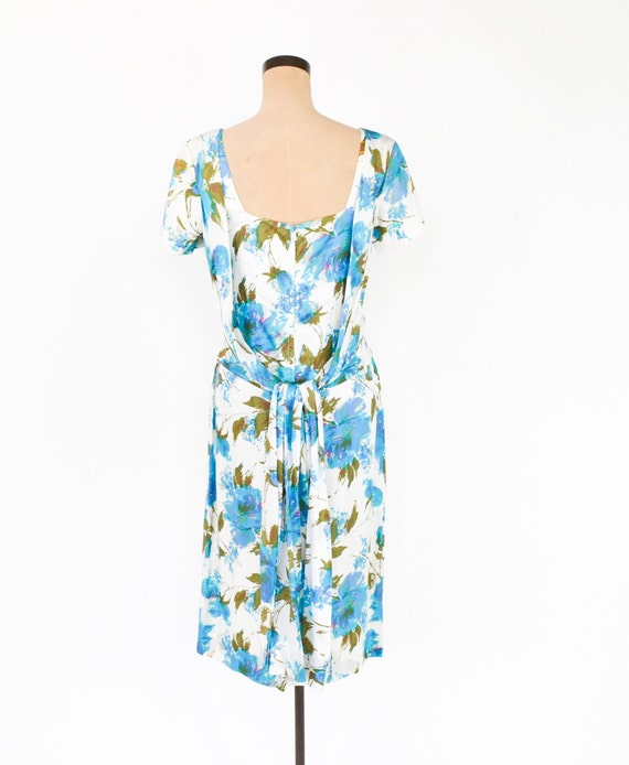 1950s Blue Floral PartyDress | 50s Blue & White F… - image 7
