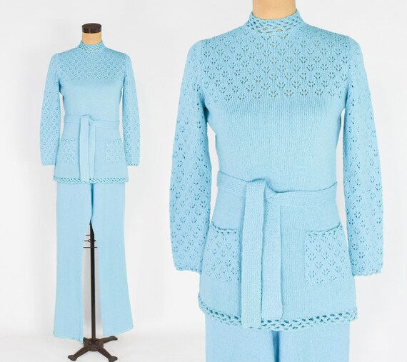 1970s Turquoise Blue Knit Top & Pants Set | 70s Bl