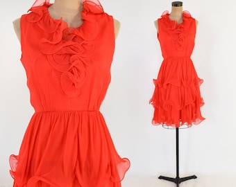 1960s Orange Ruffle Party Dress | 60s Orange Silk Chiffon Mini Dress | Miss Elliette | Small