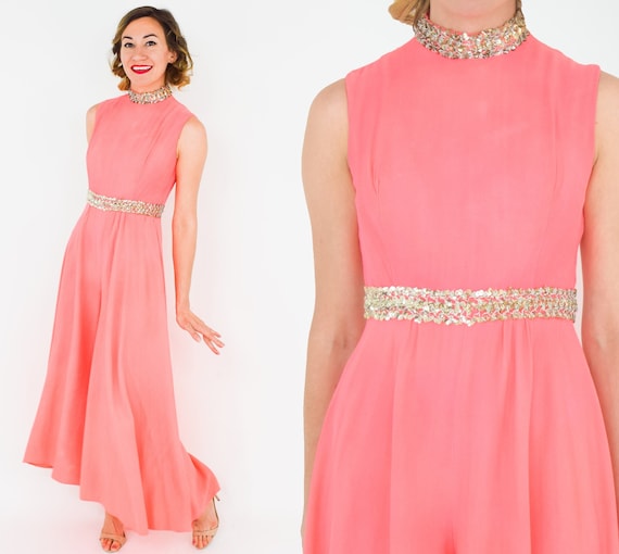 1960s Coral Crepe Palazzo Jumpsuit | 60s Orange C… - image 1