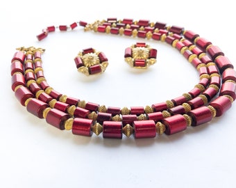 1960s Red Plastic Bead Necklace Earrings Set | Gold Tone Vintage Jewelry