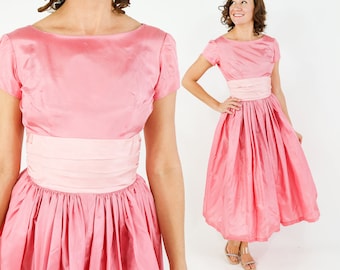1950s Pink Taffeta Party Dress | 50s Pink Full Skirt Dress | Pin Up | Small