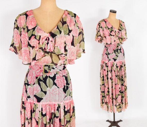 1980s Pink Floral Chiffon Print Dress | 80s Pink R