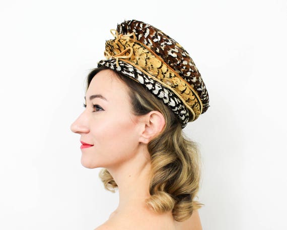 1960s Brown & Gold Feather Hat | 60s Brown Pheasan