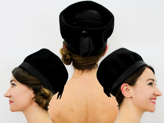 1960s Black Wool Hat | 60s Black Velour Hat | Blac