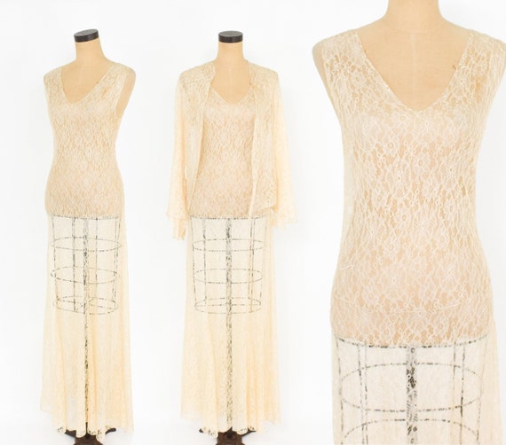 1930s Beige French Lace Evening Gown | 30s Beige … - image 1
