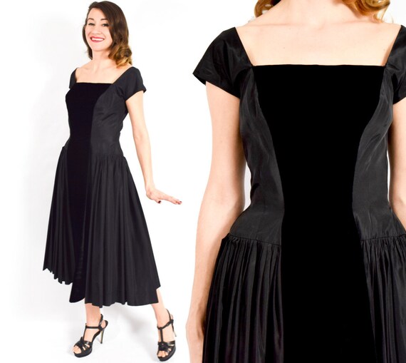 1950s Black Taffeta Party Dress | 50s Black Taffe… - image 1