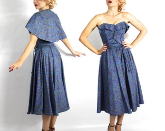 1940s Blue Strapless Evening Dress & Shrug | 40s Blue Cotton Strapless Dress Set | Pin-up Dress | Bombshell | Extra Small