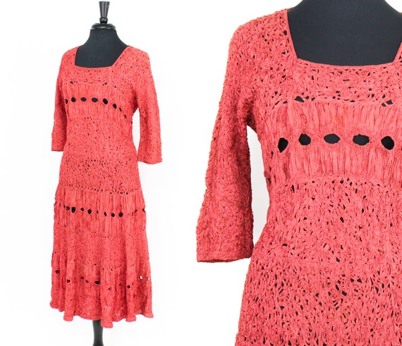1940s Coral Ribbon Dress | 40s Coral Woven Ribbon