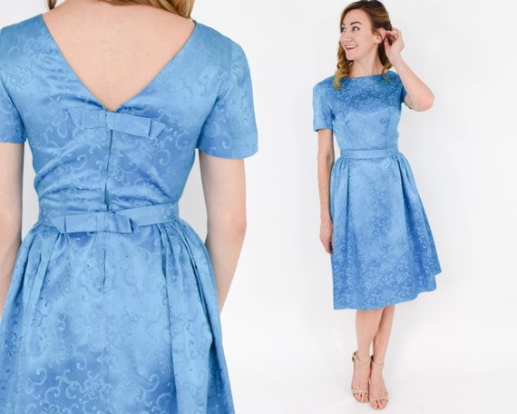 1950s Blue Satin Party Dress | 50s Blue Satin Cock