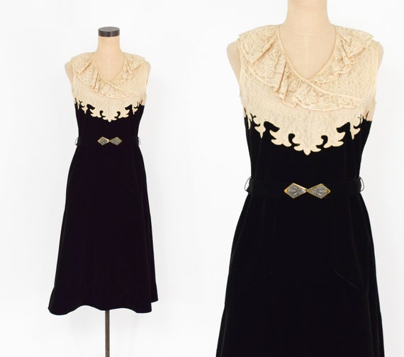 1930s Black Velvet Dress | 30s Lace & Black Velvet