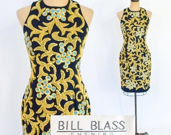 Bill Blass | 1980s Black & Gold Beaded Cocktail Dress | 80s Gold Beaded Black Sheath Dress | Bill Glass | Small