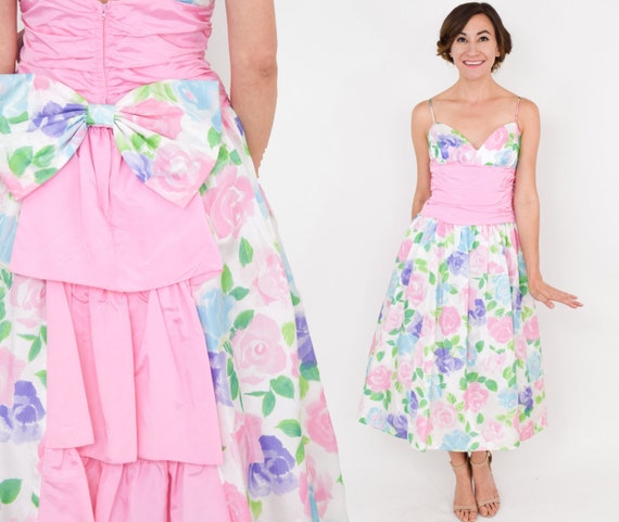 1980s Pink Print Party Dress | 80s Pink Floral Pro