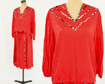1980er Jahre Diane Freis Rotes Seidenrock Set | Vintage geprägte Blumenset, groß