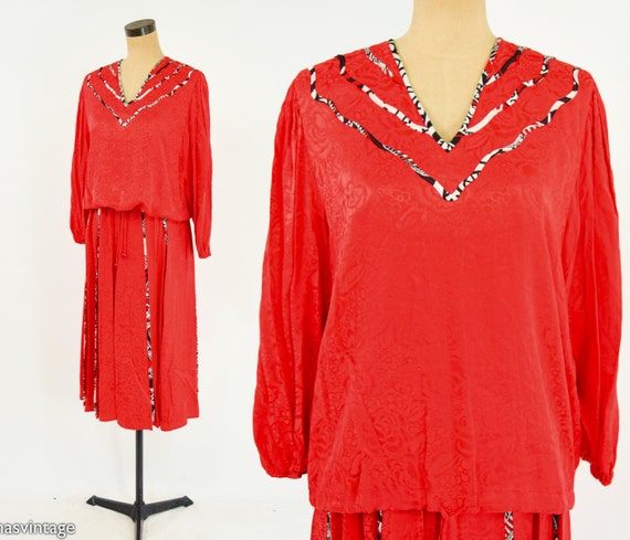 1980s Diane Freis Outfit | 1980s Red Skirt Blouse… - image 1