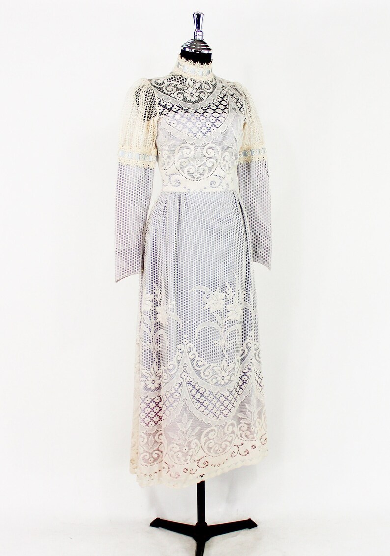 1970s White Lace Maxi Dress 70s Creme Lace Peasant Dress BoHo Wedding Joy Stevens California X Small image 3