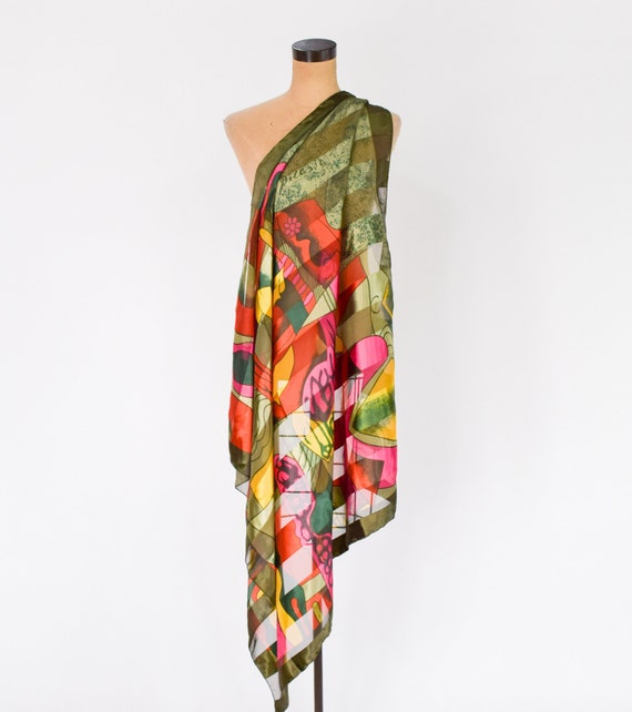 1980s Picasso Green Scarf | 80s Olive Green Print… - image 2