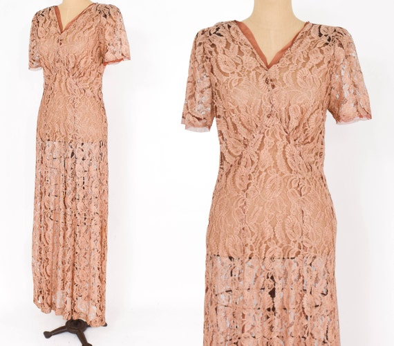 1930s Peach Lace Dress | 30s Copper Floral Lace Ev