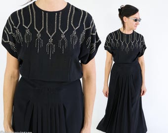 1940s Black Rayon Crepe Evening Gown | Vintage Black Beaded Bodice Formal | Du Barry, Medium