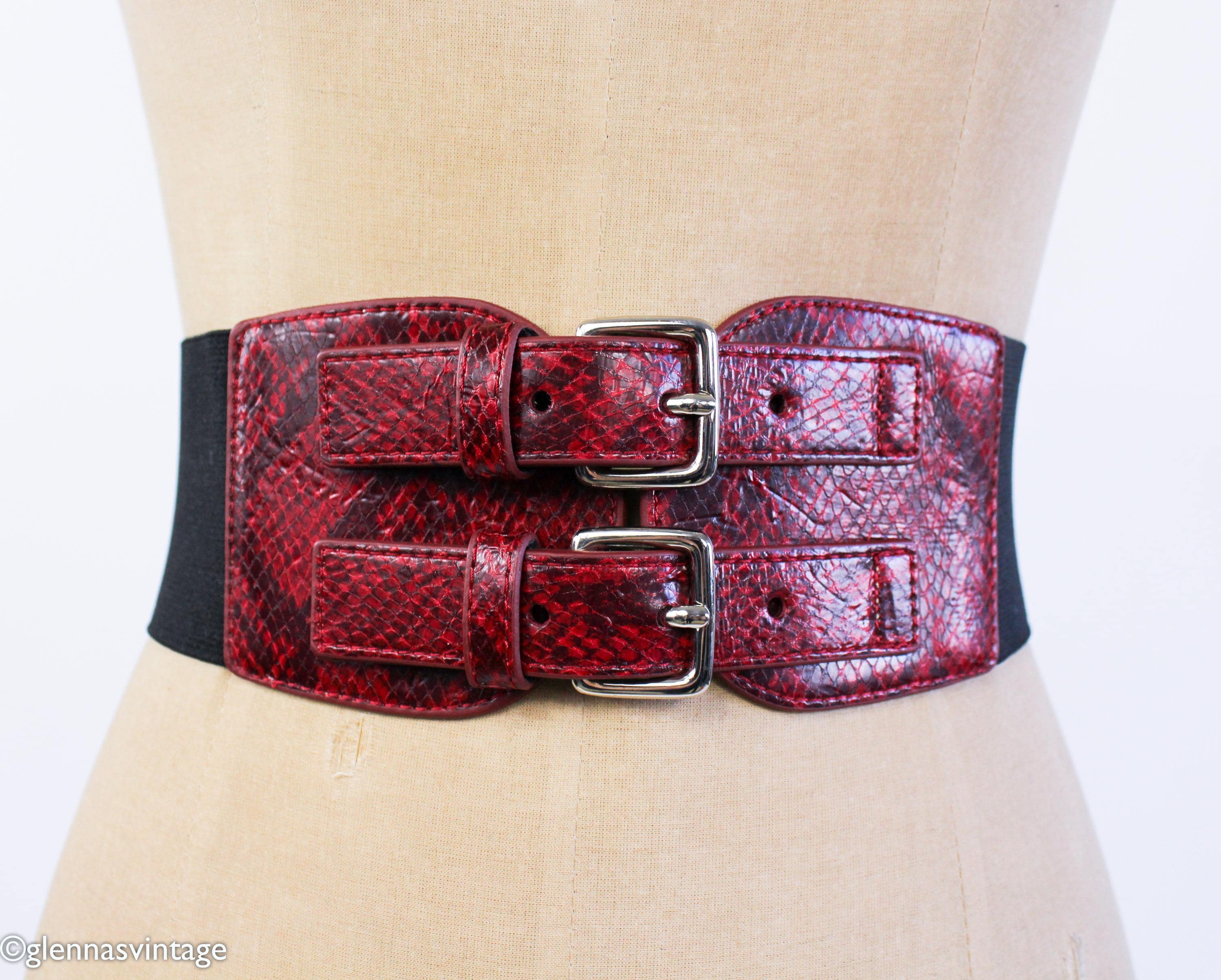 1980s Red Snakeskin Leather Belt | Double Buckle Stretch 