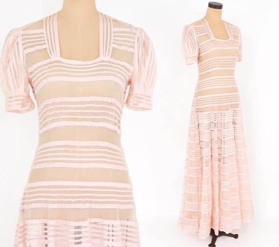 1930s Pink Evening Gown | 30s Pink Striped Tulle E
