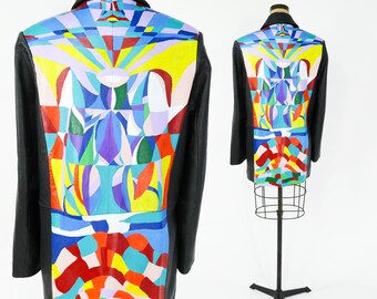 1990s Lambskin Leather Coat | Vintage Painted Abstract Leather Jacket, Large