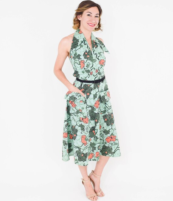 1950s Green Cotton Print Halter Dress | 50s Mint … - image 3