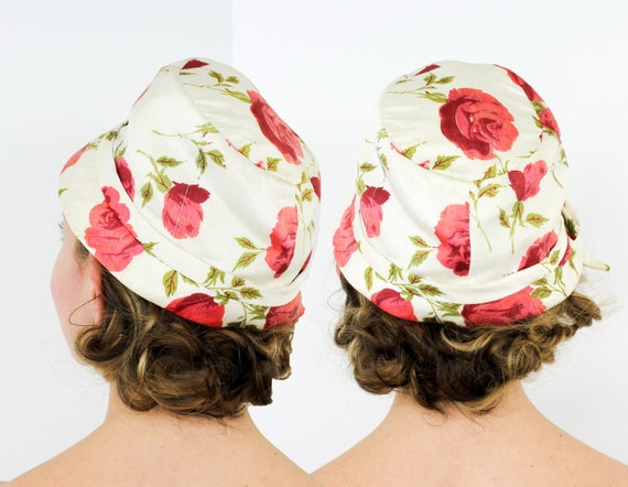 1950s White & Red Flower Hat | 50s Red Rose Flowe… - image 4