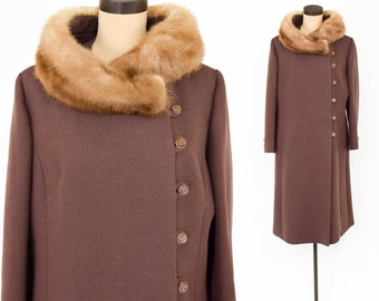 1960s Brown Wool & Mink Collar Coat | 60s Brown Wool Winter Coat | Diane Original | Large