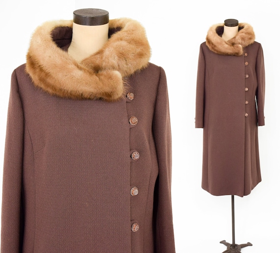 1960s Brown Wool & Mink Collar Coat | 60s Brown W… - image 1