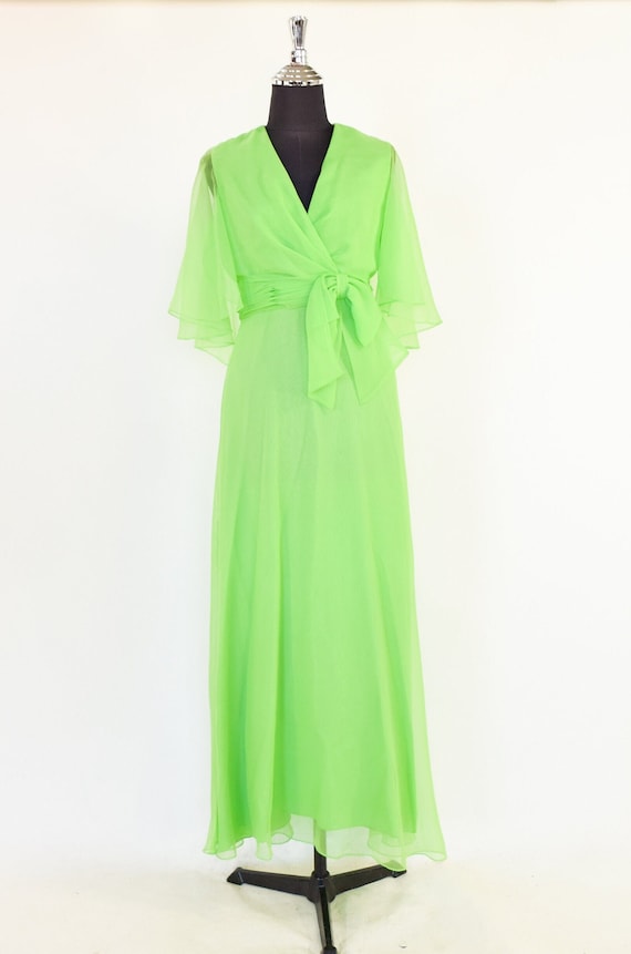 1960s Green Silk Chiffon Maxi Dress | 60s Lime Gr… - image 2