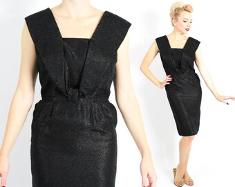 Zwarte cocktailjurk uit de jaren 50 | Jaren '50 zwarte glitter feestjurk | Wiggle-jurk | Klein