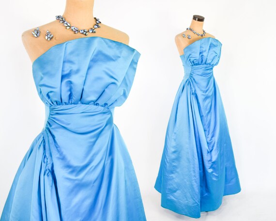 1980s Blue Silk Satin Evening Gown | 80s Blue Sati