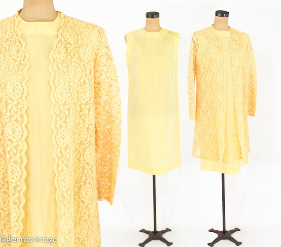 1960s Yellow Silk Dress & Lace Coat Set | 60s But… - image 1