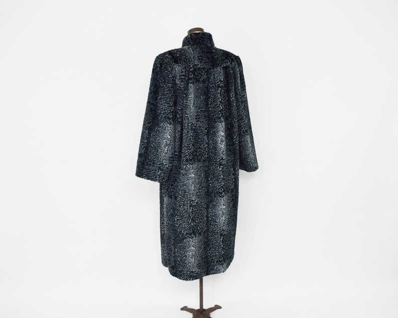 80s Steel Gray Long Fur Coat 1980s Gray Faux Fur Coat XL 40s-Style Faux FurCoat